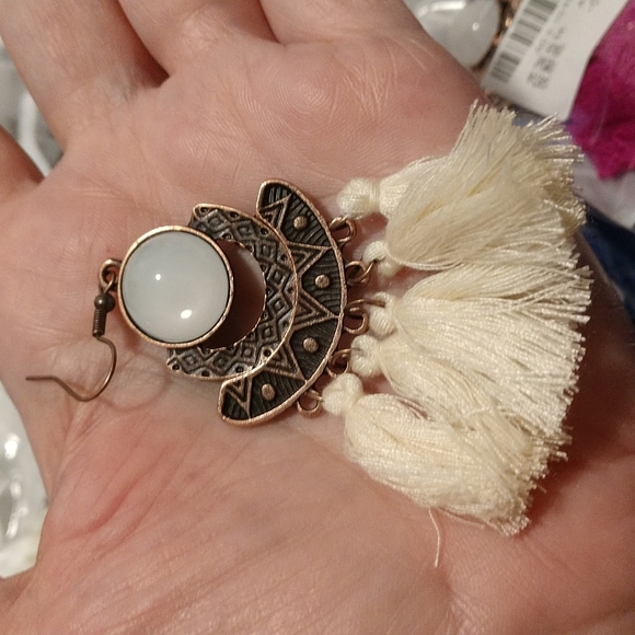 Moonstone Tassel Fishhook 3.5" Earrings Boho Aztec Cream Copper Color - Picture 6 of 7